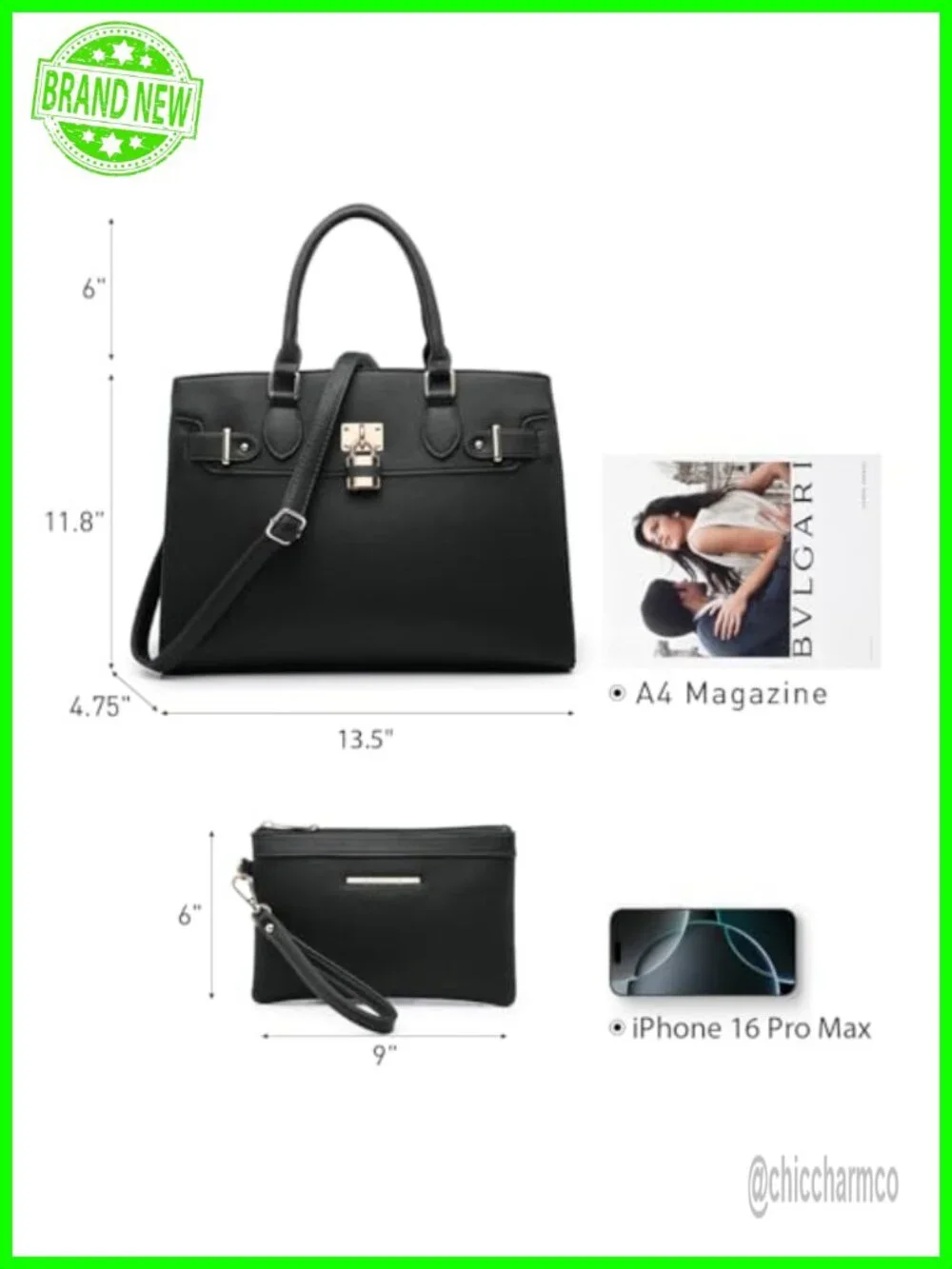Vegan Leather Satchel Handbag with Matching Clutch Wallet Set